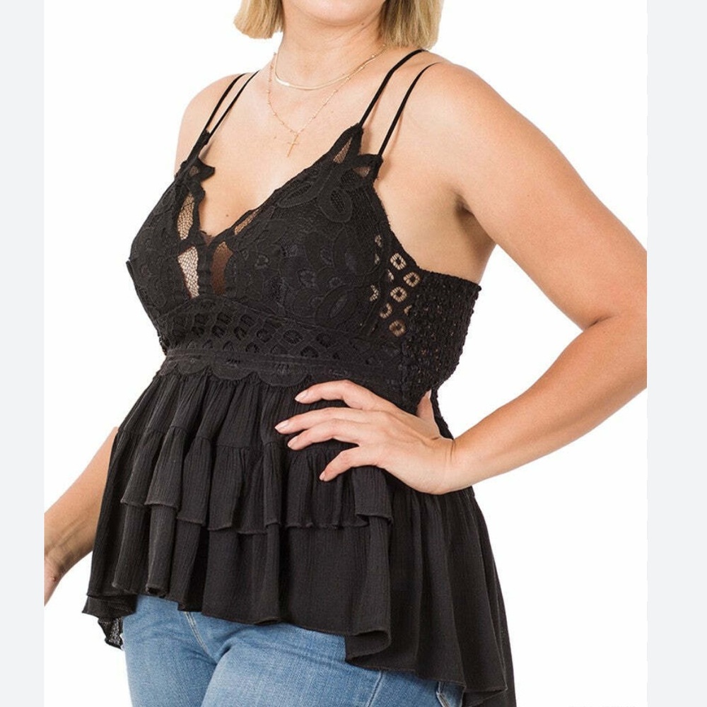 Zenana Outfitters Black Crochet Lace Tiered Ruffle Peplum Cami Tank Top Size 3X